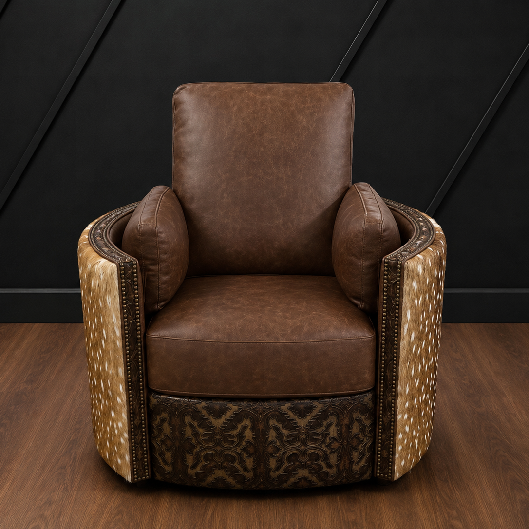 A luxury barrel-style accent chair upholstered in rich brown leather with axis hair-on-hide sides and nailhead trim, set against a dark paneled wall and wood floor.