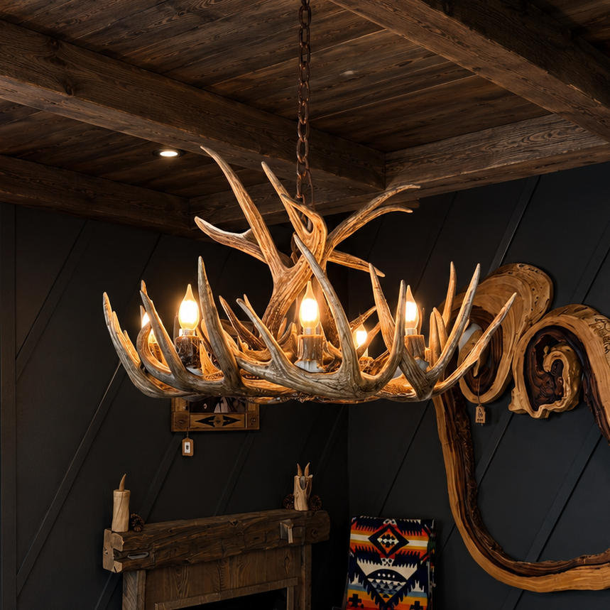 A rustic antler chandelier with multiple lit bulbs hangs over a wooden dining table in a cabin-style room with dark paneled walls, a fireplace, and a large decorative wood wall piece.