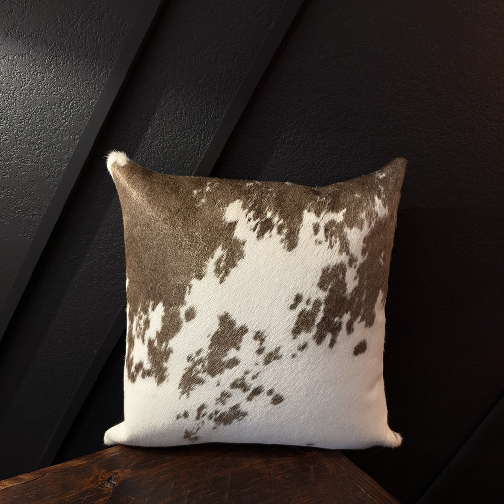 Sierra Cowhide Accent Pillow – Brown & White – 16 × 16 Inches