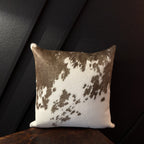 Sierra Cowhide Accent Pillow – Brown & White – 16 × 16 Inches