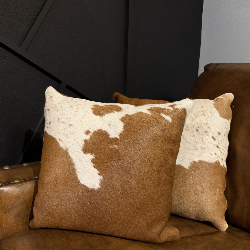 Brown & White Cowhide Accent Pillow – 16 × 16 Inches