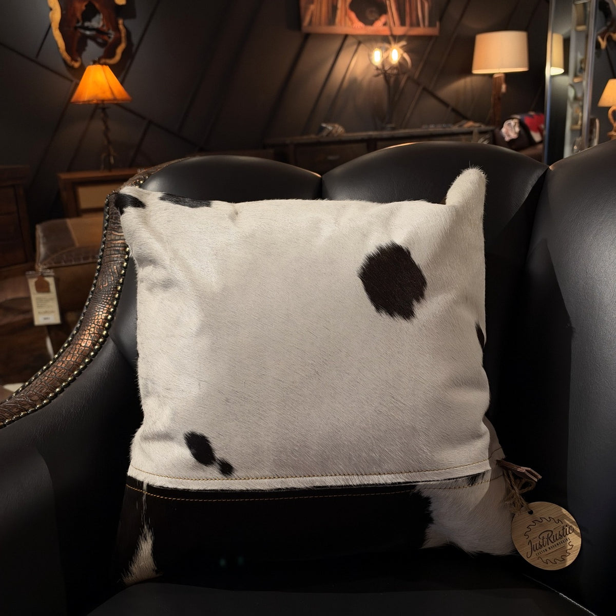 Black & White Cowhide Pillow – 18 × 18 Inches