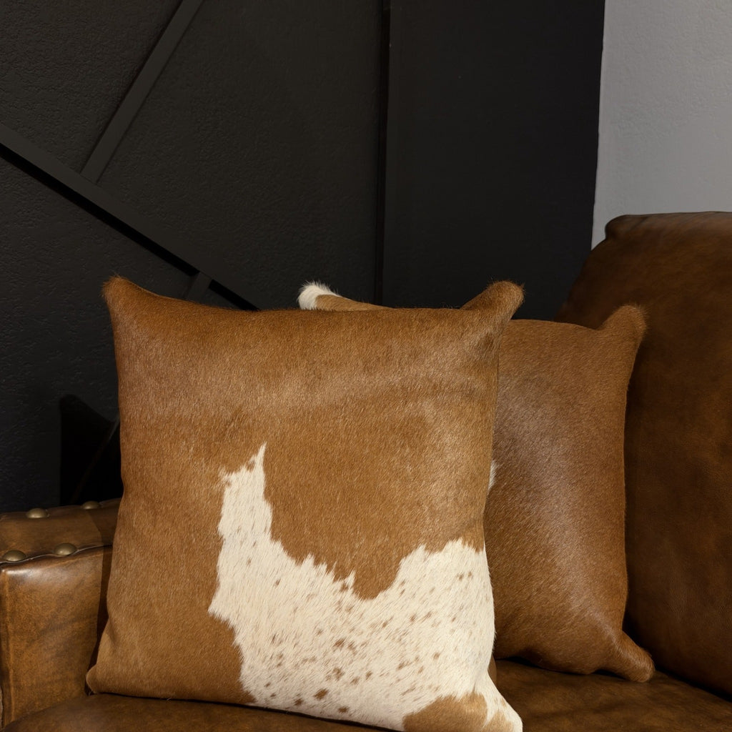 Brown & White Cowhide Accent Pillow – 16 × 16 Inches
