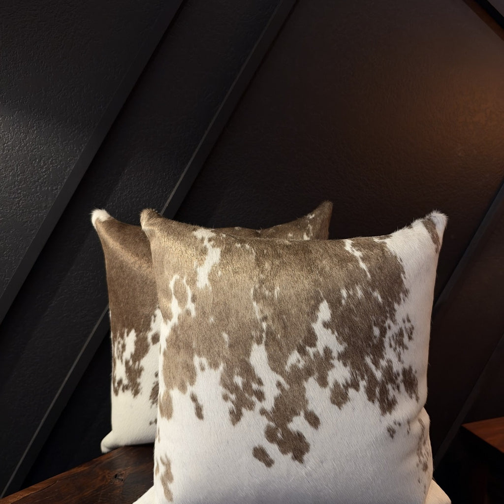 Sierra Cowhide Accent Pillow – Brown & White – 16 × 16 Inches