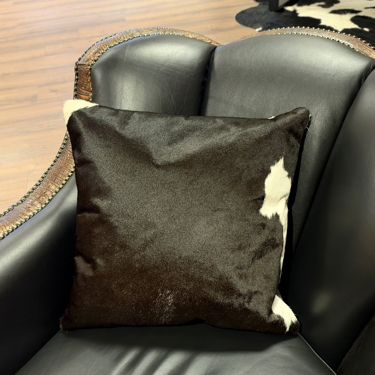 Black & White Cowhide Pillow – 18 × 18 Inches