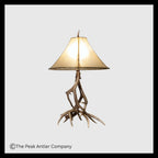 A table lamp with a natural antler base and a warm beige fabric shade, shown against a light gray background with a black border. 