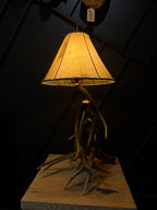 A rustic table lamp with a natural antler base and a warm yellow fabric shade, displayed on a wooden pedestal against a dark paneled background.