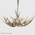 A rustic deer antler chandelier with six lit candle-style bulbs, suspended from a black chain against a light gray background. A copyright watermark for The Peak Antler Company is visible in the bottom-left corner.