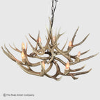 A rustic multi-light antler chandelier with faux deer antlers and warm LED candle-style bulbs, suspended from a black chain against a light gray background.