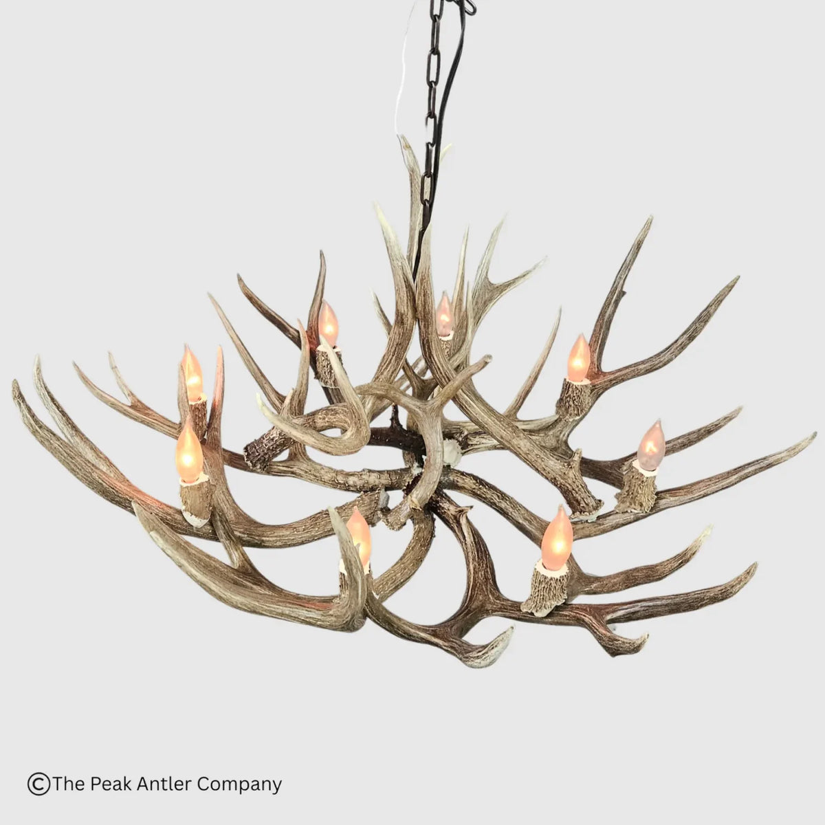 A rustic multi-light antler chandelier with faux deer antlers and warm LED candle-style bulbs, suspended from a black chain against a light gray background.