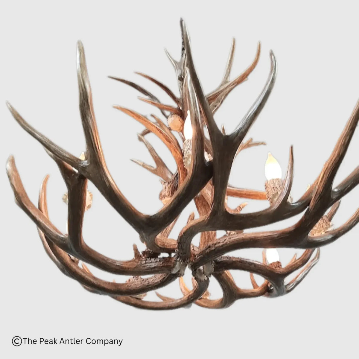 A rustic deer antler chandelier with multiple natural brown antlers arranged in a circular cluster, each holding a lit bulb, shown against a light gray background.