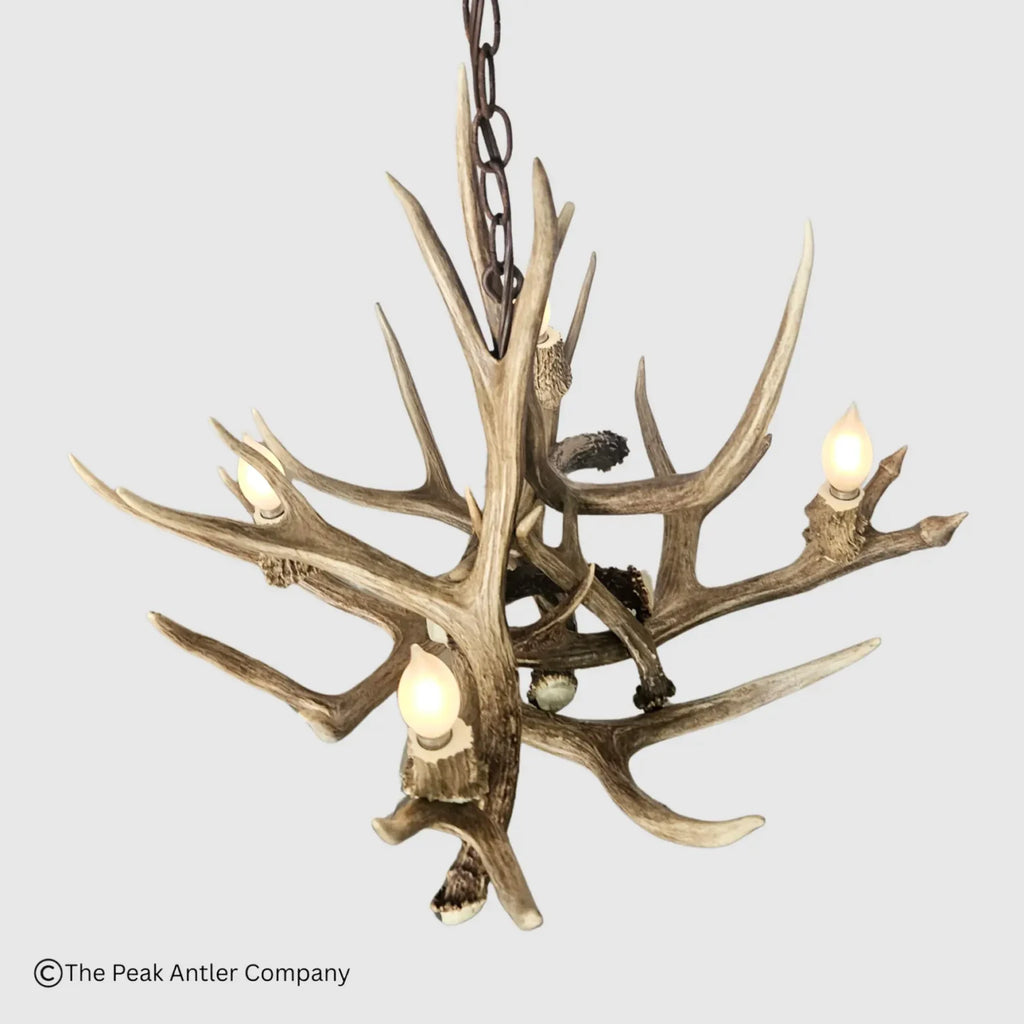 A rustic deer antler chandelier with multiple branches and built-in candle-style bulbs, suspended by a dark metal chain against a light gray background.