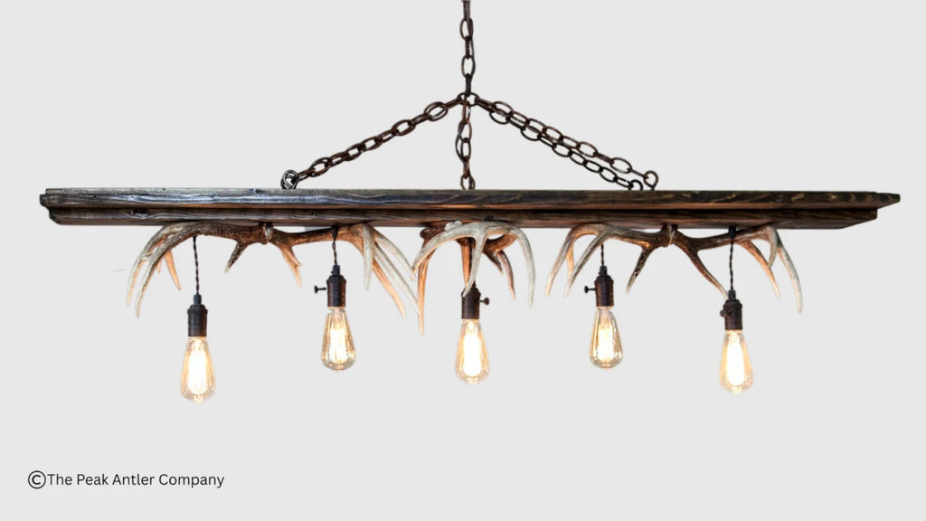 A rustic rectangular chandelier with a dark wood top, hanging chains, antler-style supports, and five exposed Edison-style light bulbs, shown against a light gray background.