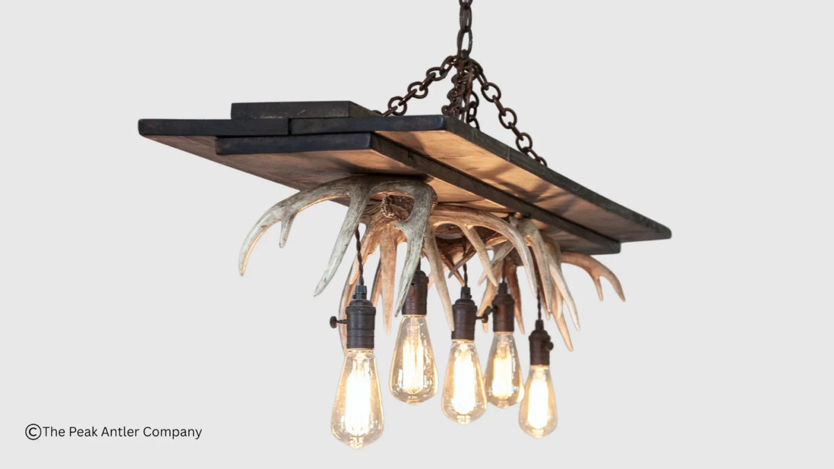 A rustic industrial chandelier featuring a dark wood rectangular plate, a cluster of antlers, and five hanging Edison-style light bulbs, shown against a light gray background.