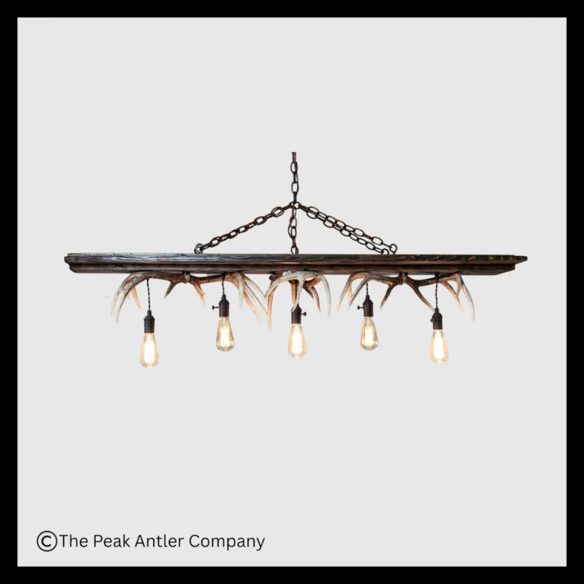 A rustic five-light chandelier featuring a dark horizontal wooden bar, natural antler-style branches, and five hanging Edison bulbs, shown against a light gray background with a copyright watermark at the bottom.