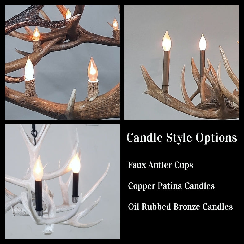 Collage of antler-style chandeliers with candle options on a gray background