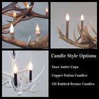 Collage of antler-style chandeliers with candle options on a gray background