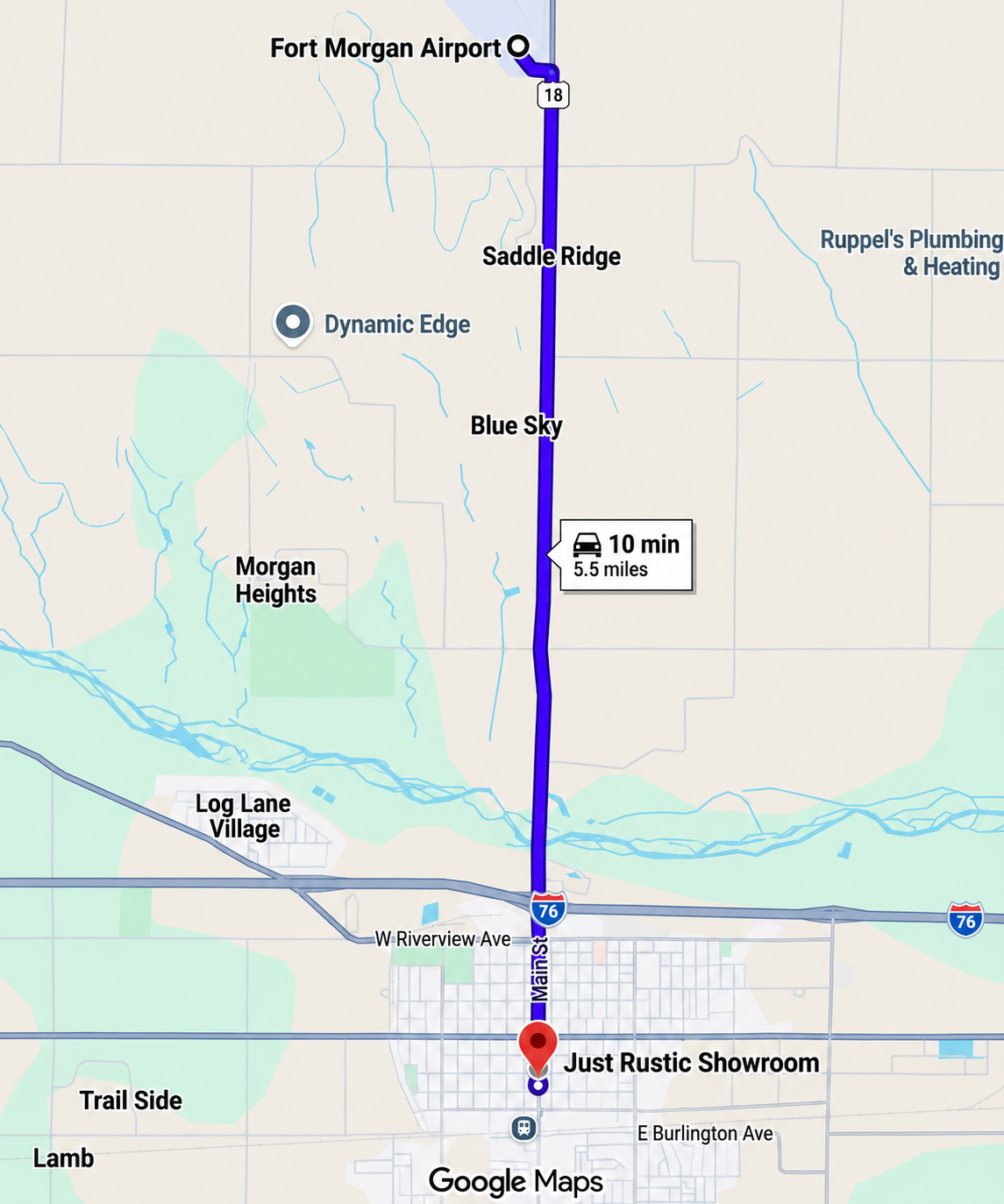 Map with a route marked from Fort Morgan Airport to Just Rustic Showroom, showing distance and time.