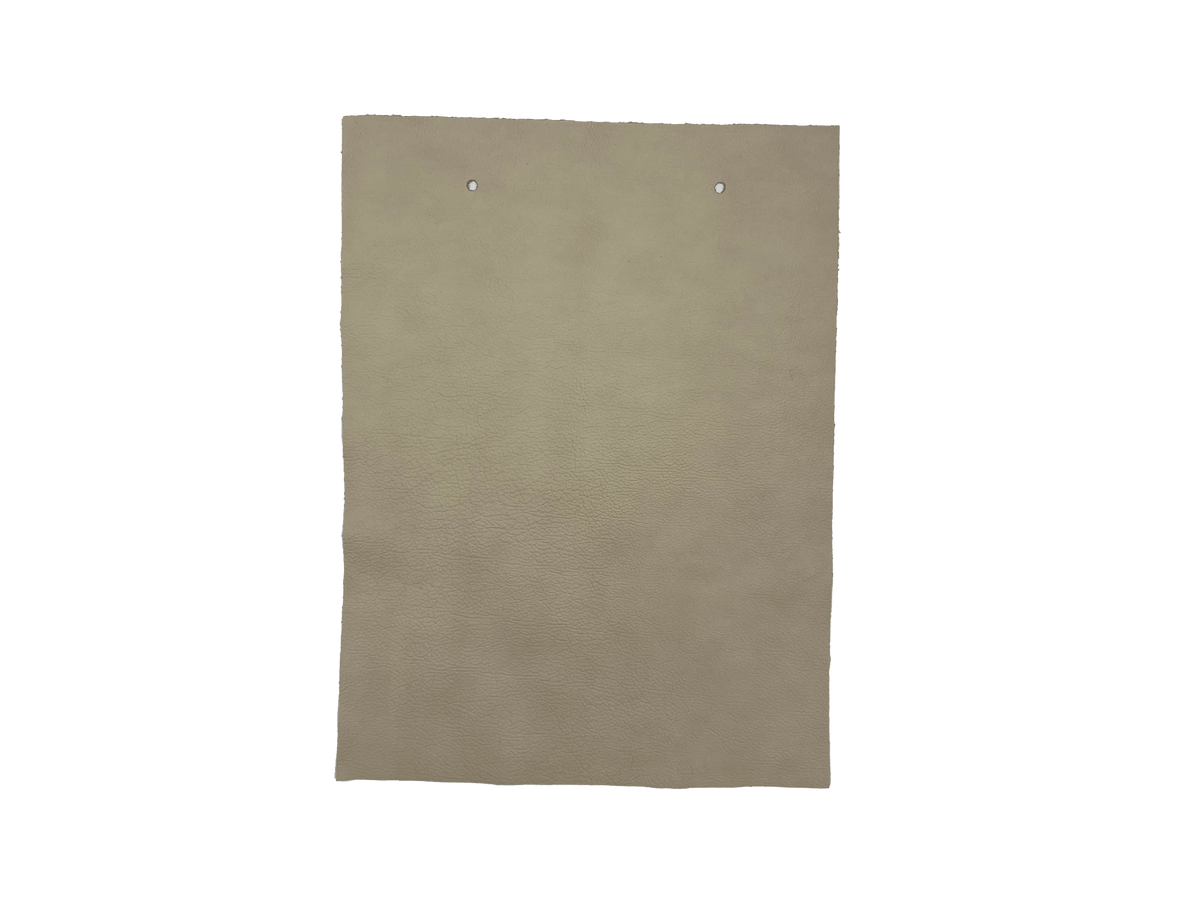 Arez Linen leather swatch — soft warm greige fine natural grain custom upholstery option