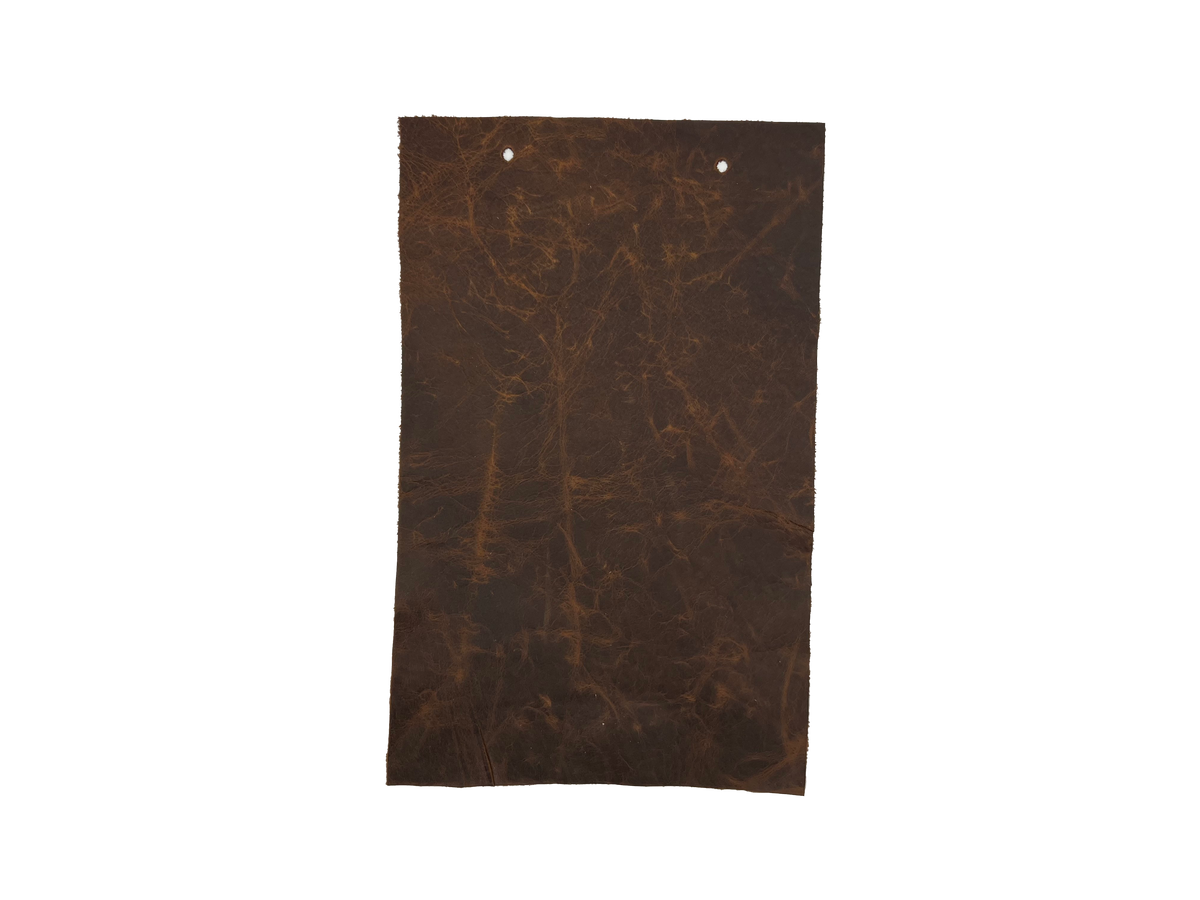 Cora Pecan leather swatch — deeply mottled dark brown warm olive undertones dramatic veining custom upholstery option