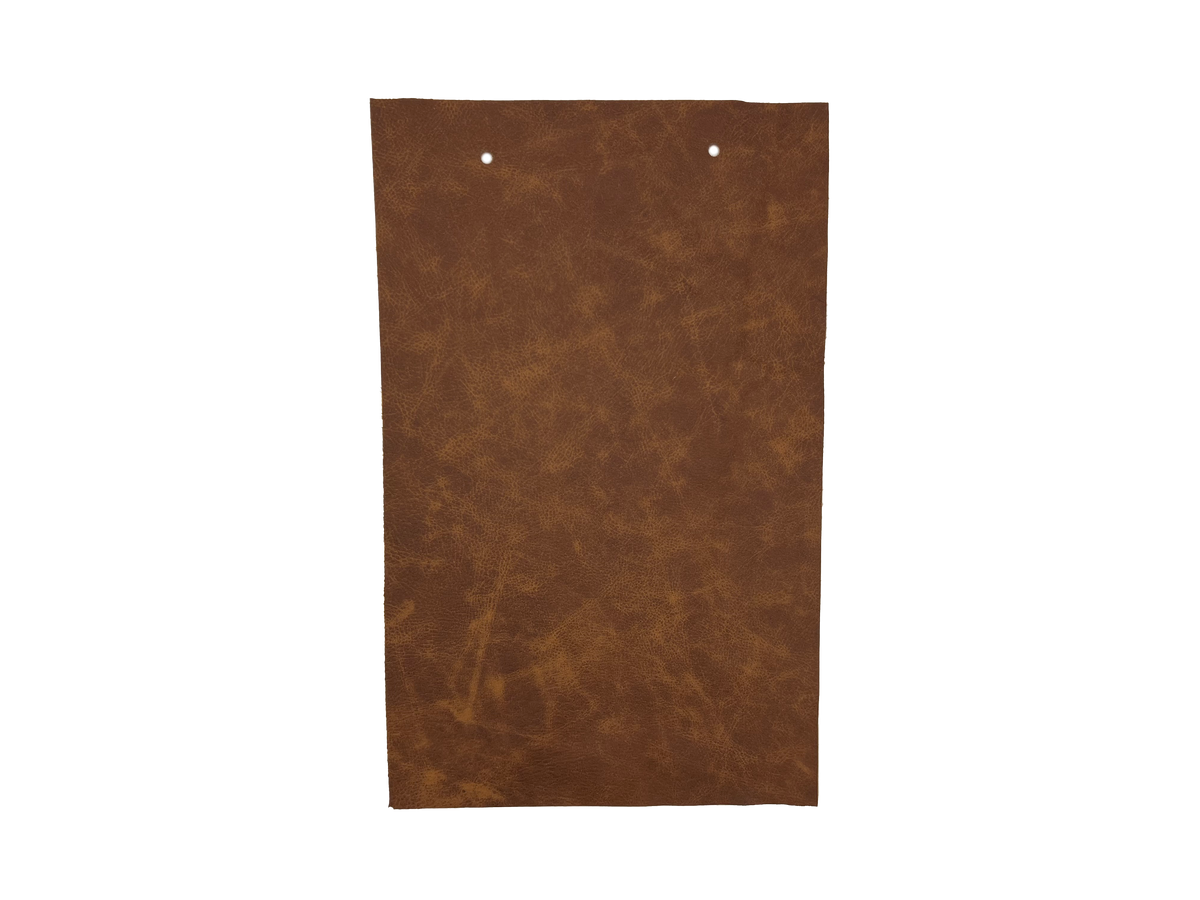 Dillon Amber leather swatch — rich warm brown mottled pull-up custom upholstery option