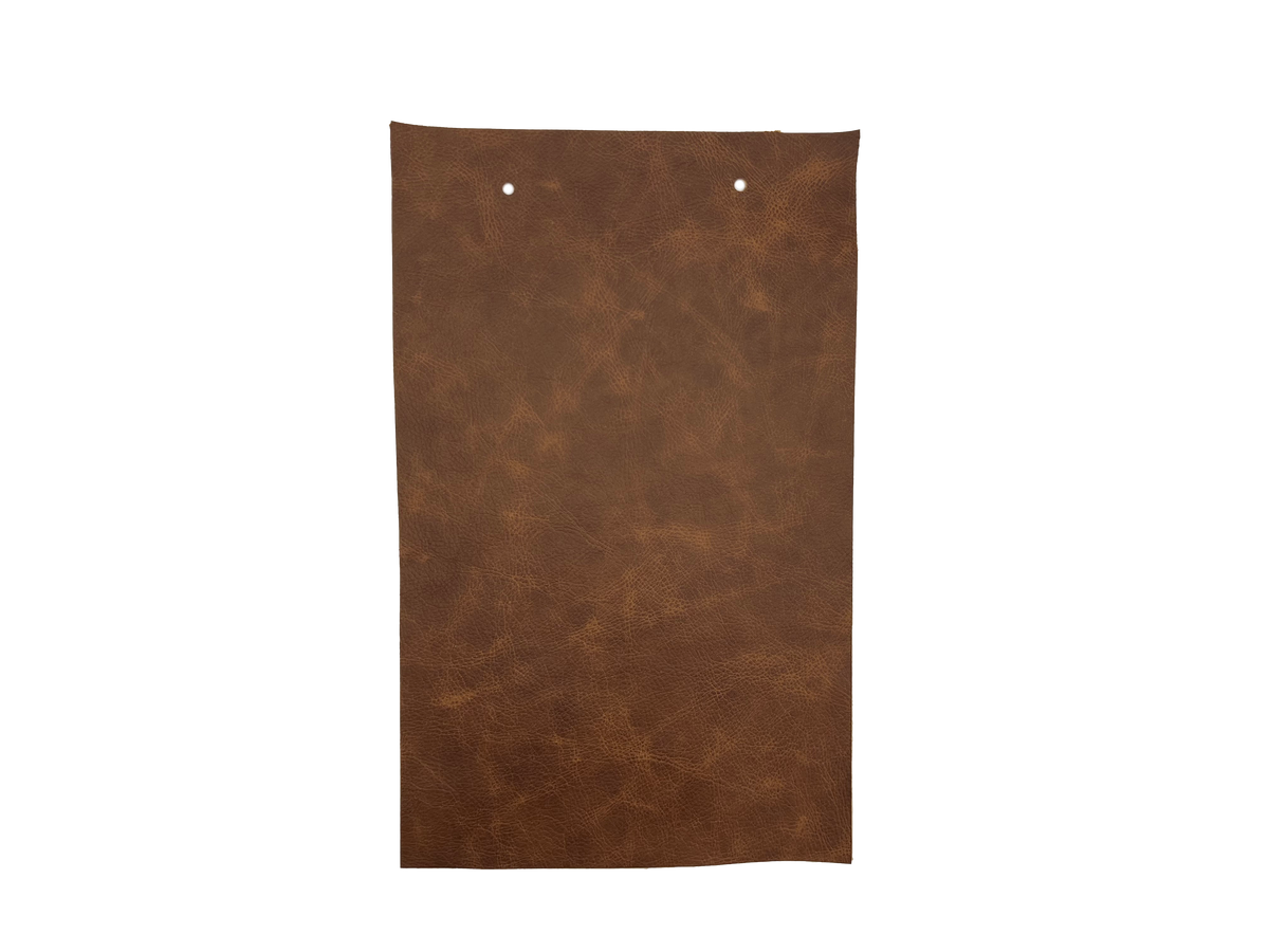 Dillon Whiskey leather swatch — warm medium brown mottled pull-up custom upholstery option