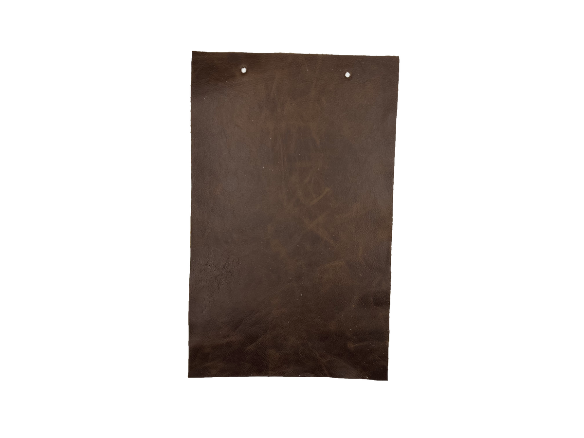 Galveston Vintage leather swatch — deep moody dark brown mottled pull-up custom upholstery option