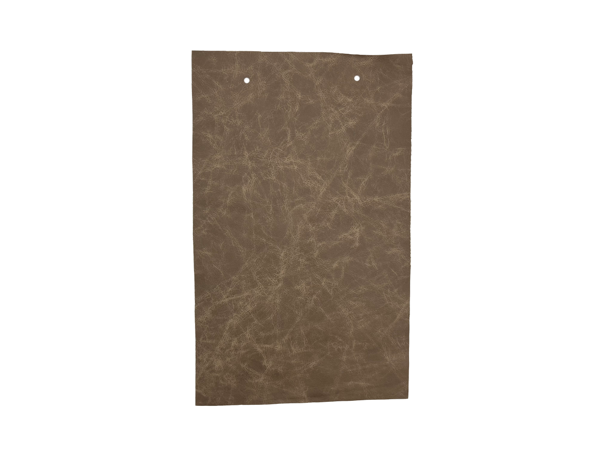 Palio Mushroom leather swatch — warm olive taupe antiqued distressed custom upholstery option