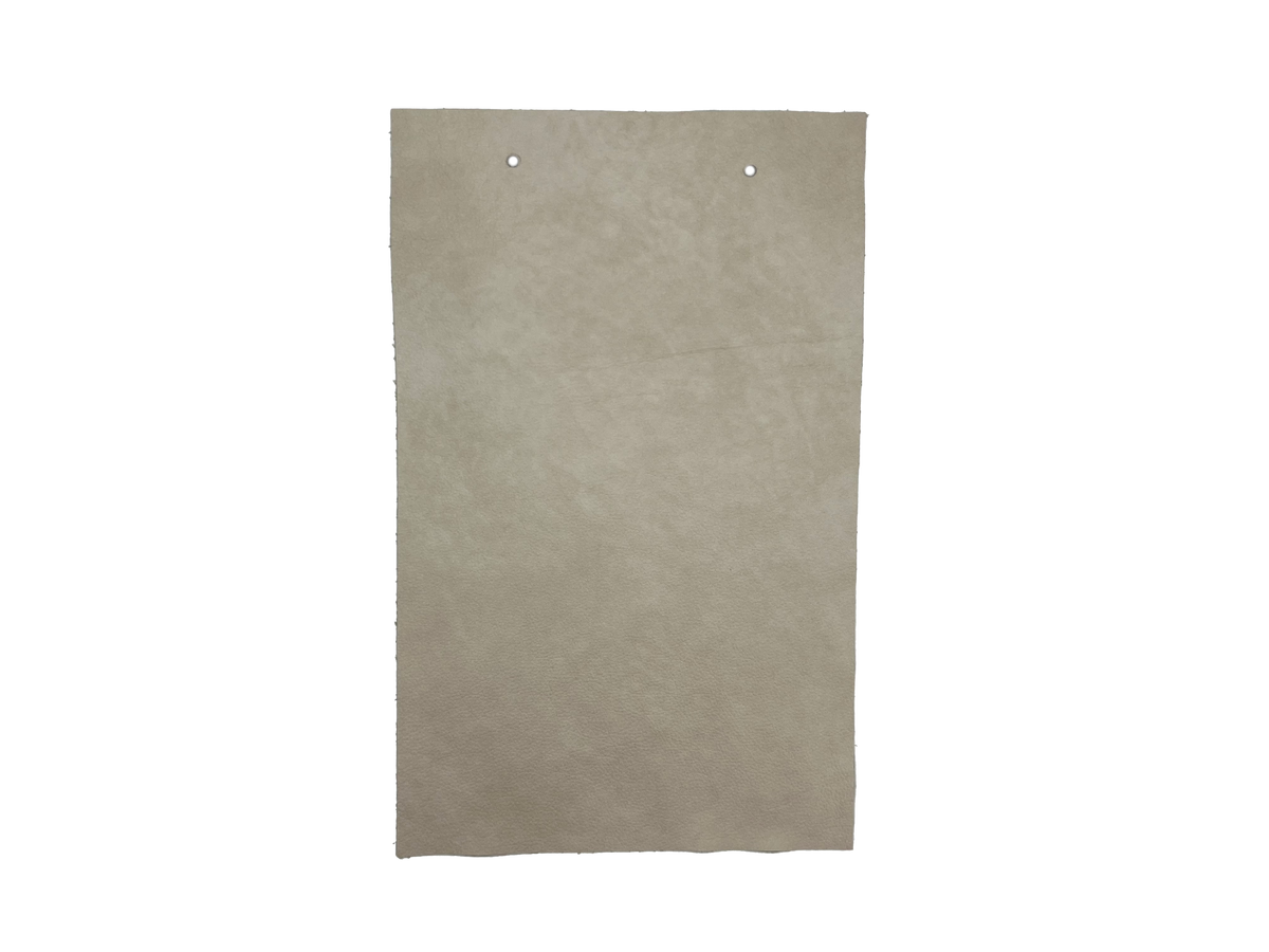 Simpson Moonshine leather swatch — soft greige stone full-grain custom upholstery option