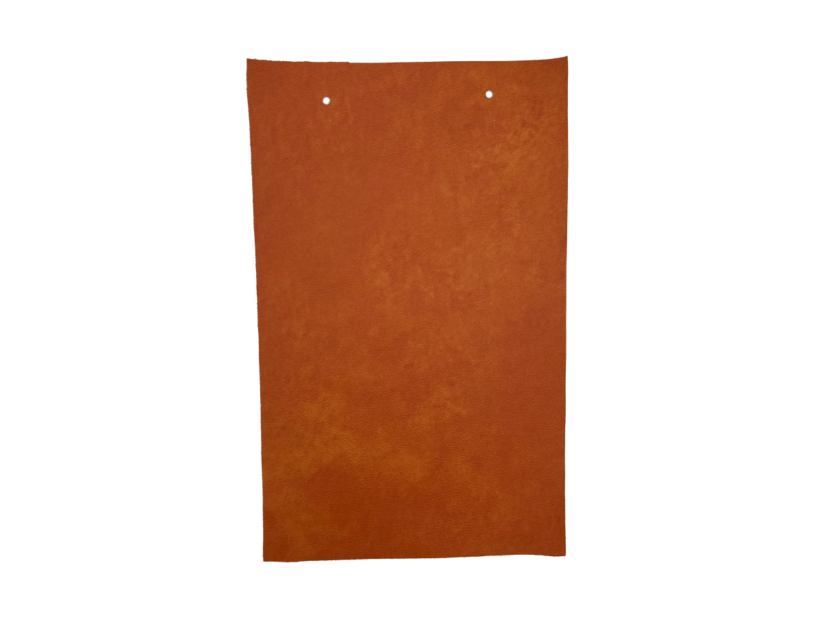 Simpson Sorrano leather swatch — warm cognac terracotta full-grain custom upholstery option