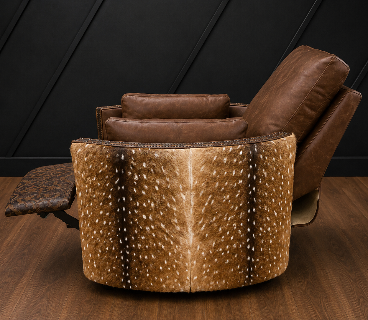A luxury recliner chair featuring a brown leather back and seat with a curved front upholstered in natural axis hair-on-hide, set against a dark paneled wall and wood floor.
