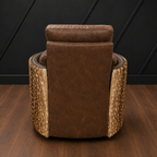 A brown leather recliner chair with axis hair-on-hideside panels, shown from the back against a dark paneled wall and wood floor.
