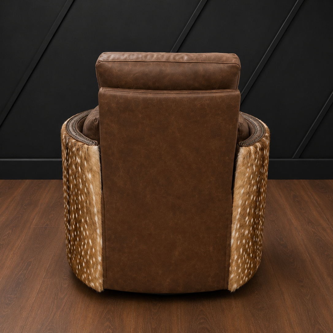 A brown leather recliner chair with axis hair-on-hideside panels, shown from the back against a dark paneled wall and wood floor.