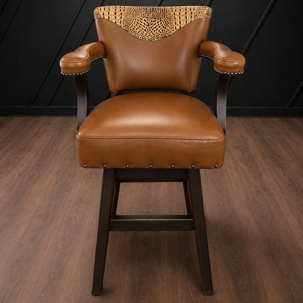 Brown leather barstool with decorative crocodile embossed backrest against a black paneled wall.