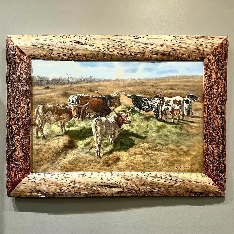 Gathering longhorn oil painting by Judith Dickinson in a beetle kill pine frame