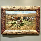 Gathering longhorn oil painting by Judith Dickinson in a beetle kill pine frame