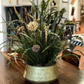 HUGE 14 Bloom Wowie feather flower arrangement in a gold-colored vase with handles