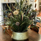 HUGE 14 Bloom Wowie feather flower arrangement in a gold-colored vase with handles
