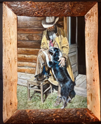 My Buddy oil painting by Judith Dickinson showing a cowboy and dog in a rustic wood frame