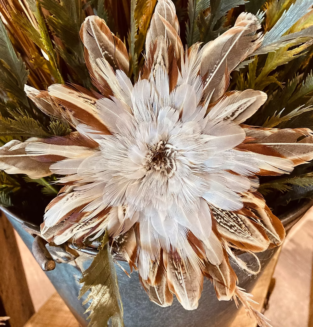 Close-up of a handcrafted Feather Bloom with pale and brown patterned pheasant feathers