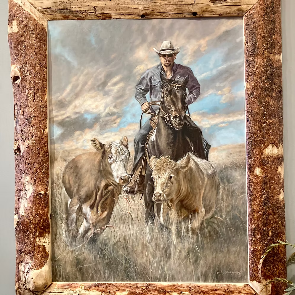 Close view of Head 'Em Up cowboy and cattle oil painting