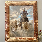 Head 'Em Up by Judith Dickinson showing a mounted cowboy and cattle in a beetle kill pine frame